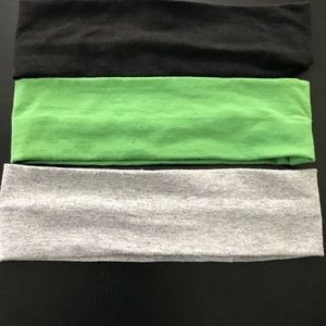3 stretching headbands- Black, Green, and Gray.